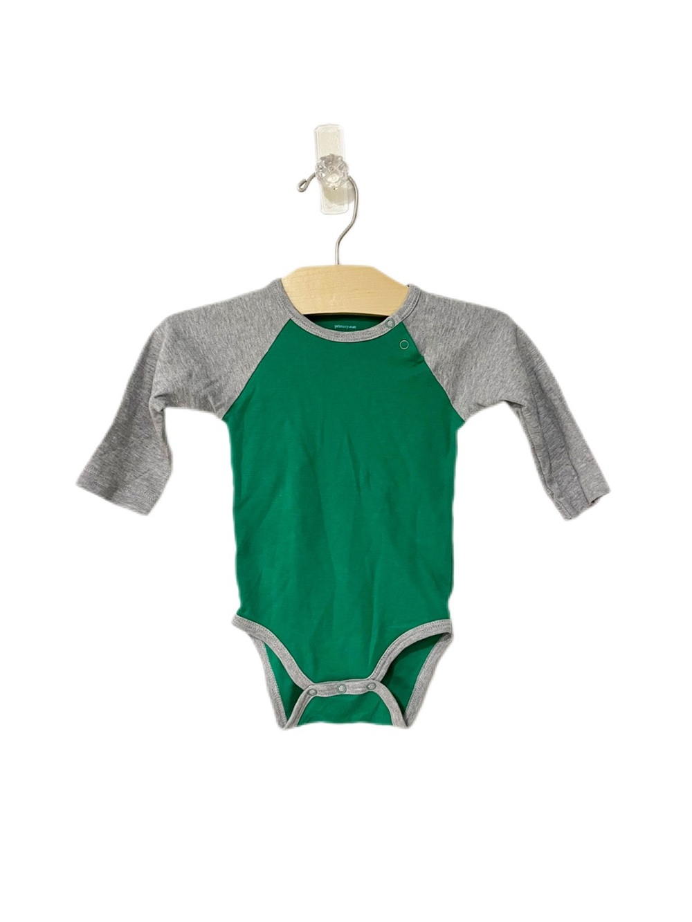 Primary Baby 6-9m Green and Gray Raglan Long Sleeve One-Piece Cotton Bodysuit